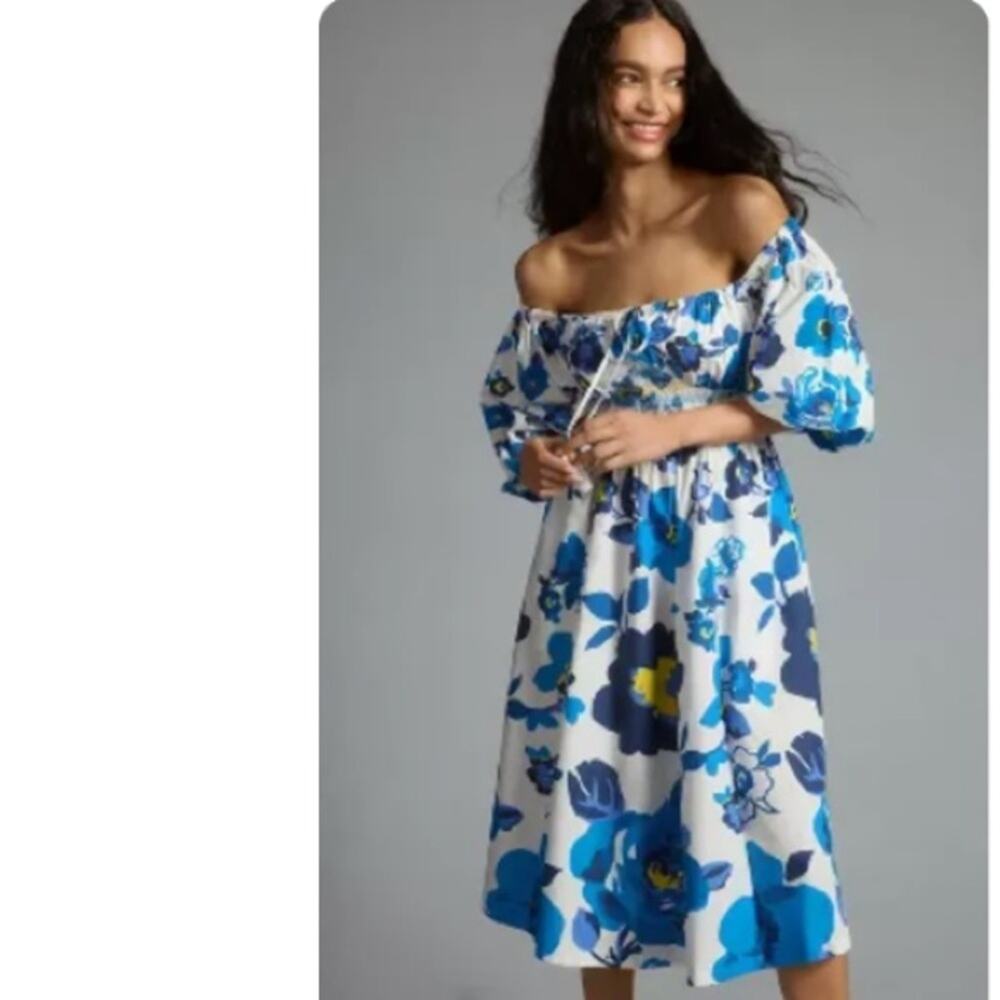 PLENTY BY TRACY REESE OFF-THE-SHOULDER PUFF-SLEEVE SMOCKED DRESS blue white XS